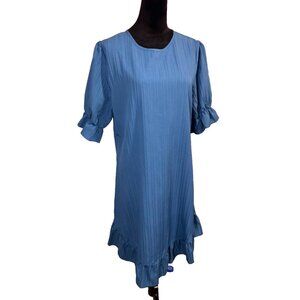Blue Ruffled Short Sleeve A-Line Dress With Pleated Design & Back Zipper Closure